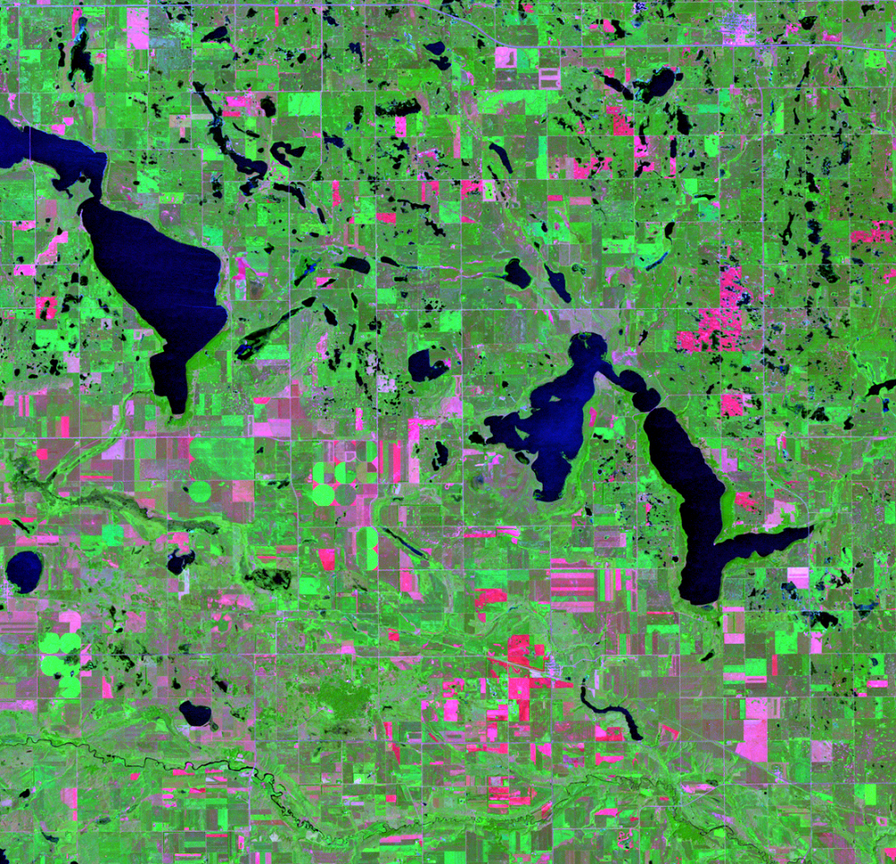 Aug. 10, 1995, Landsat 5 (path/row 31/27) — Stump Lake and Devils Lake, North Dakota, USA