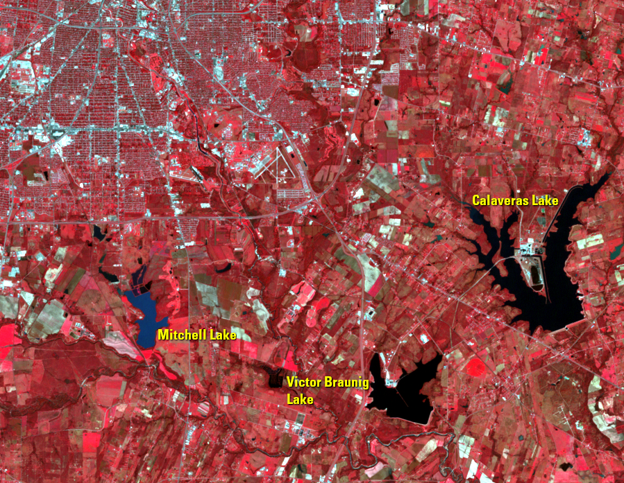 Nov. 13, 2002, Landsat 7, (path/row 27/40) — Reservoirs, southeastern San Antonio, TX, USA