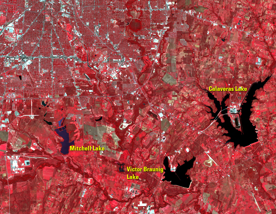Nov. 3, 2013, Landsat 8, (path/row 27/40) — Reservoirs, southeastern San Antonio, TX, USA