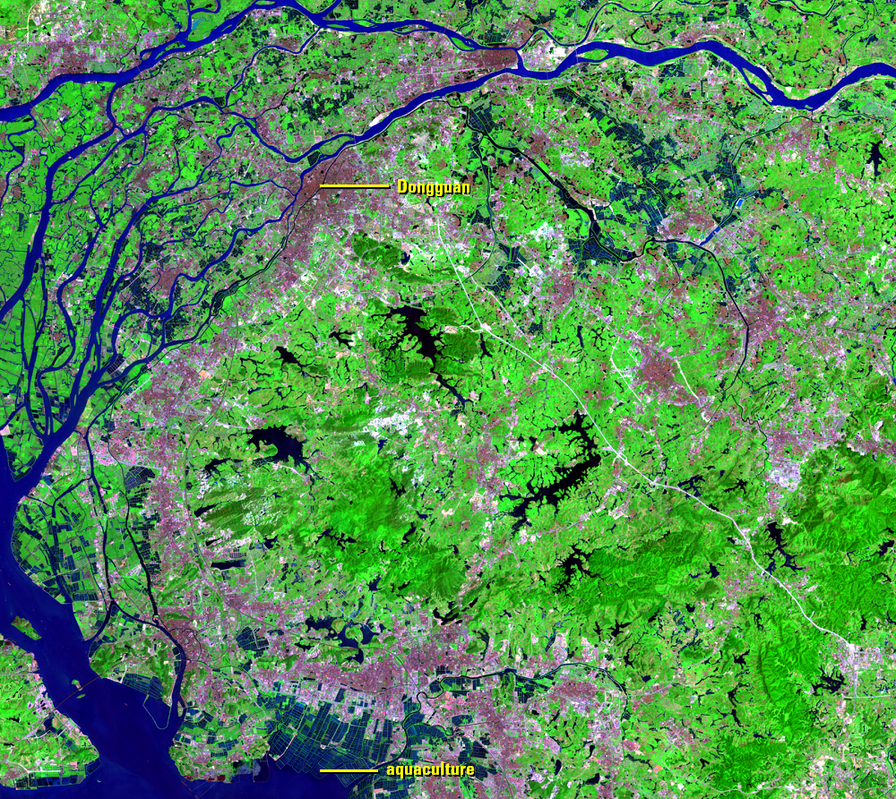 Sept. 14, 2000, Landsat 7 (path/row 122/44) — Urbanization around Dongguan, China