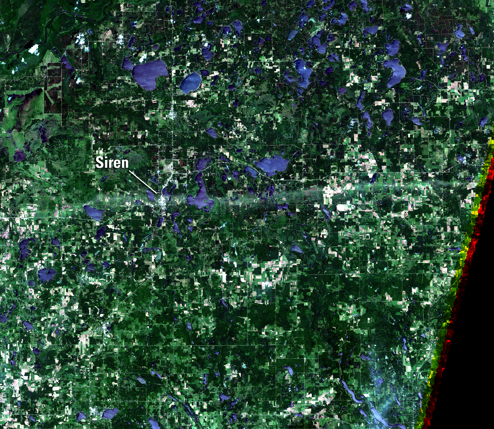 June 19, 2001, Landsat 7 (path/row 27/28) — Siren, WI, USA, tornado path