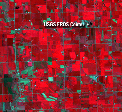 July 19, 1998, Landsat 5 (path/row 29/30) — One year after the hailstorm at the USGS EROS Center near Sioux Falls, SD, USA