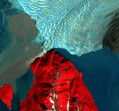 Aug. 14, 2002, Landsat 7 (path/row 62/18) — Close up of fjord blocked by Hubbard Glacier, Alaska, USA