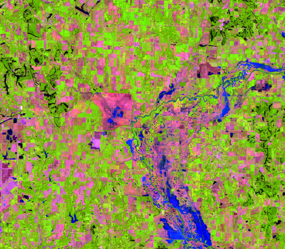 July 13, 2008, Landsat 5 (path/row 22/33) — Flooding in Illinois/Indiana, USA, along the Eel River