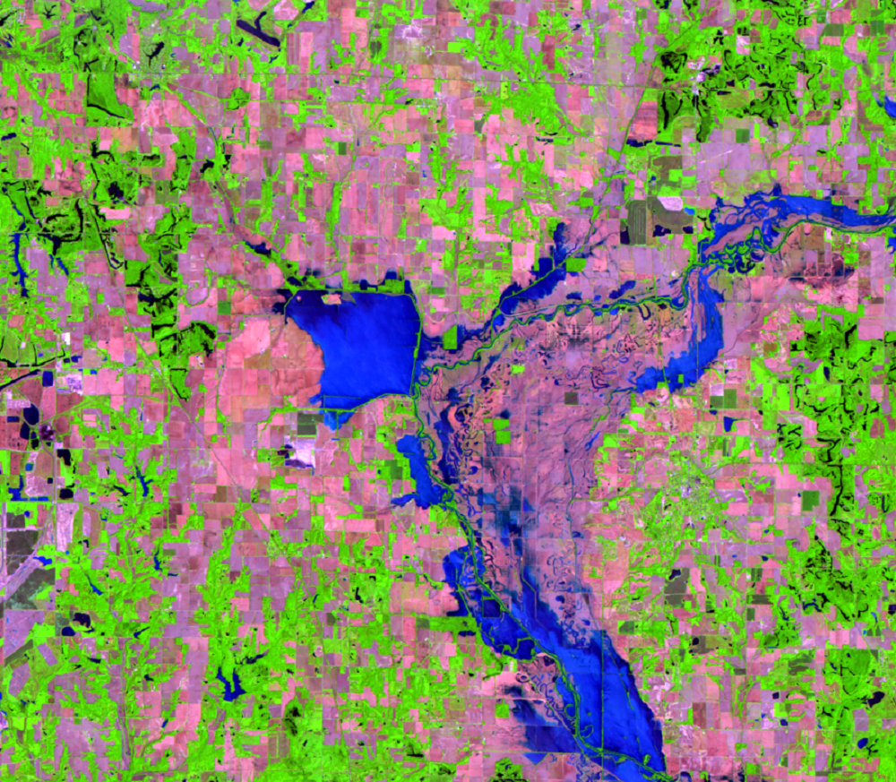 June 11, 2008, Landsat 5 (path/row 22/33) — Flooding in Illinois/Indiana, USA, along the Eel River