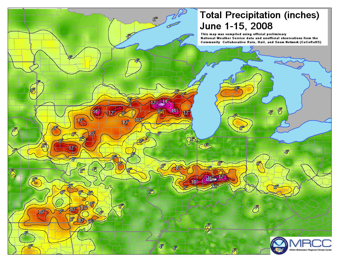 Precipitation totals for the first half of June 2008; NOAA Midwestern Regional Climate Center (Hayes, 2009).