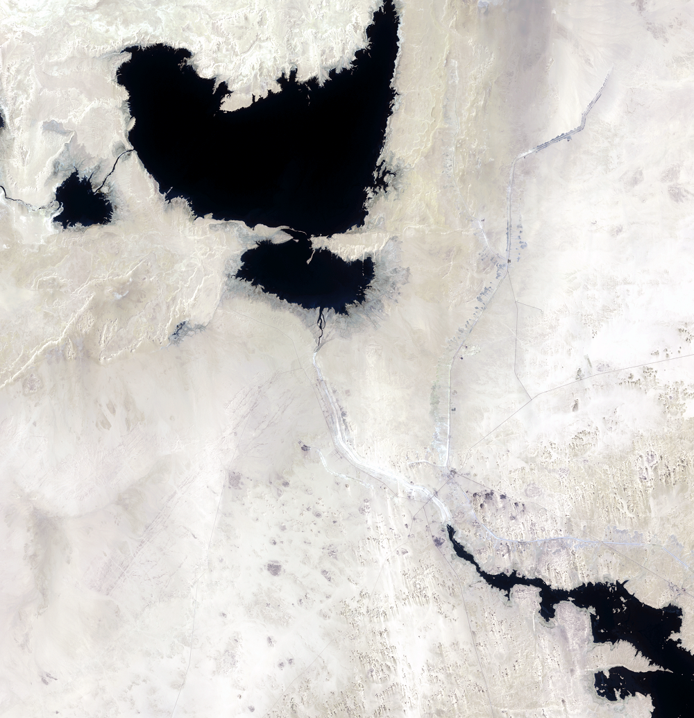 Aug. 19 and 26, 2001, Landsat 7 (path/row 175,176/44) — close-up of irrigated fields near the Toshka Lakes, Egypt