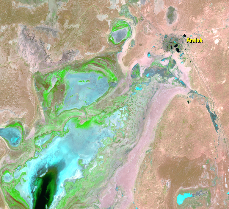 Aug. 10, 19, 28; Sep. 27, 1987, Landsat 5 (path/row 160–162/27–30) — Aralsk, Kazakhstan