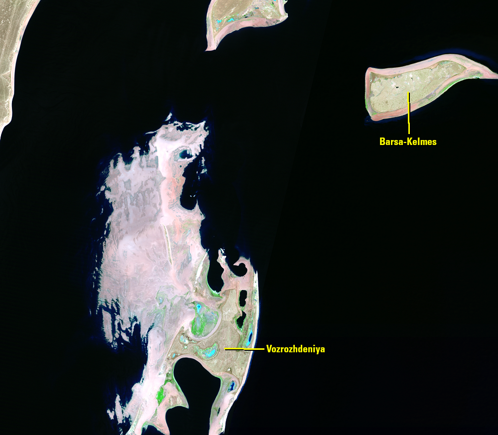 Aug. 10, 19, 28; Sep. 27, 1987, Landsat 5 (path/row 160–162/27–30) — former islands Vozrozhdeniya and Barsa-Kelmes, Aral Sea