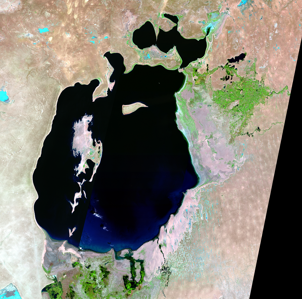 Aug. 10, 19, 28; Sep. 27, 1987, Landsat 5 (path/row 160–162/27–30) — Aral Sea