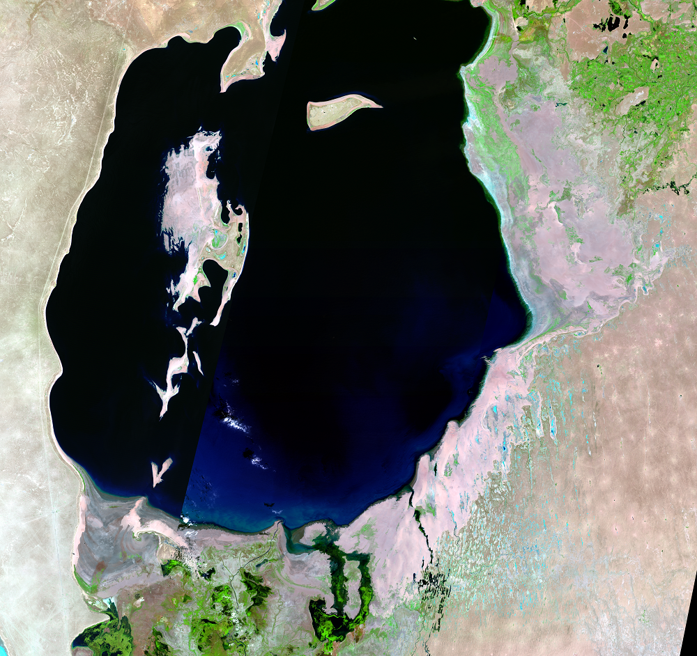 Aug. 10, 19, 28; Sep. 27, 1987, Landsat 5 (path/row 160–162/27–30) — South Aral Sea