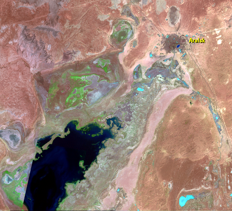 Sep. 18, 27; Oct. 27, 1998; Aug. 20, 1999, Landsat 5 (path/row 160–162/27–30) — Aralsk, Kazakhstan