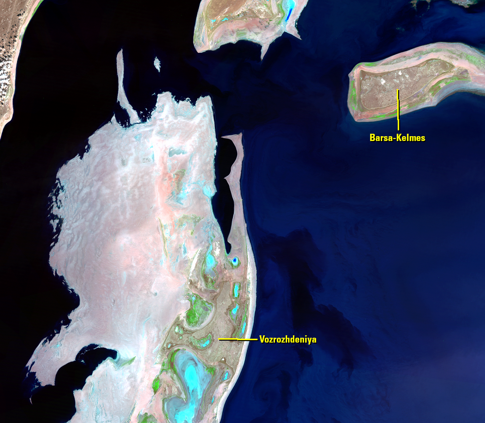 Sep. 18, 27; Oct. 27, 1998; Aug. 20, 1999, Landsat 5 (path/row 160–162/27–30) — former islands, Aral Sea