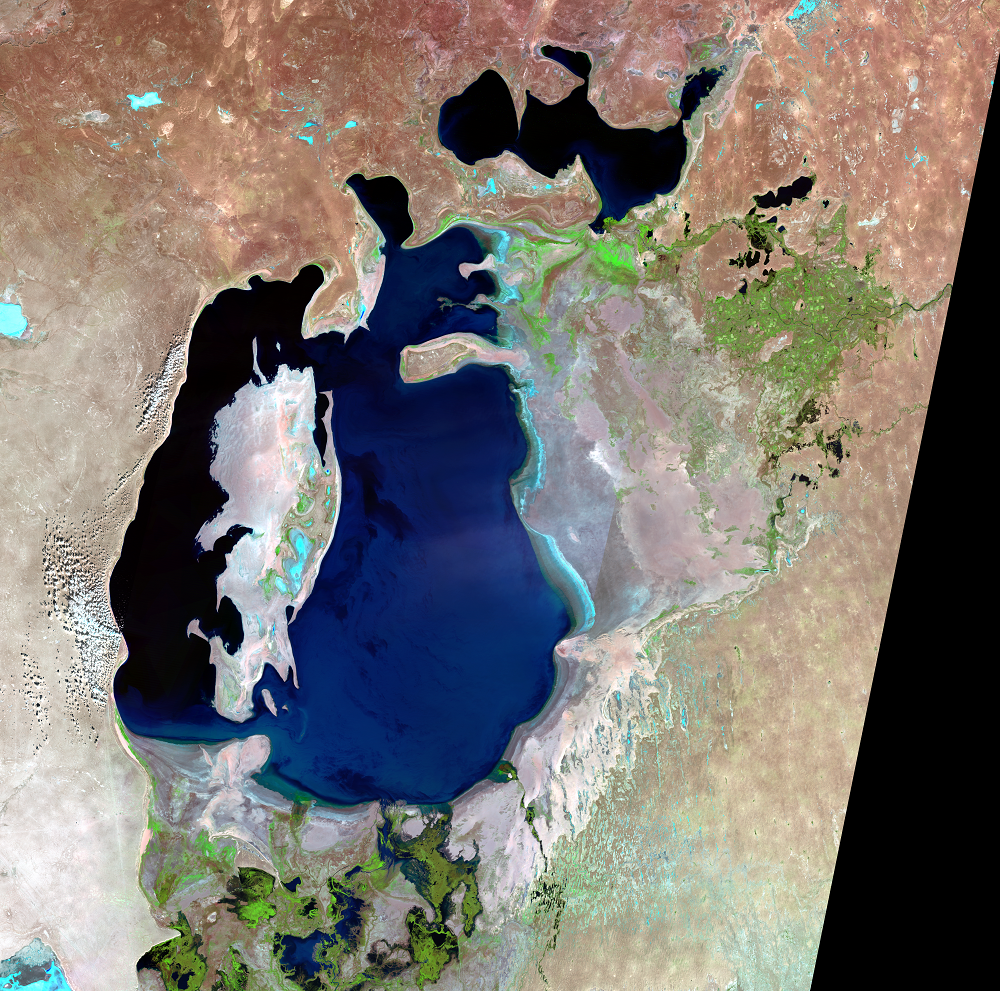 Sep. 18, 27; Oct. 27, 1998; Aug. 20, 1999, Landsat 5 (path/row 160–162/27–30) — Aral Sea