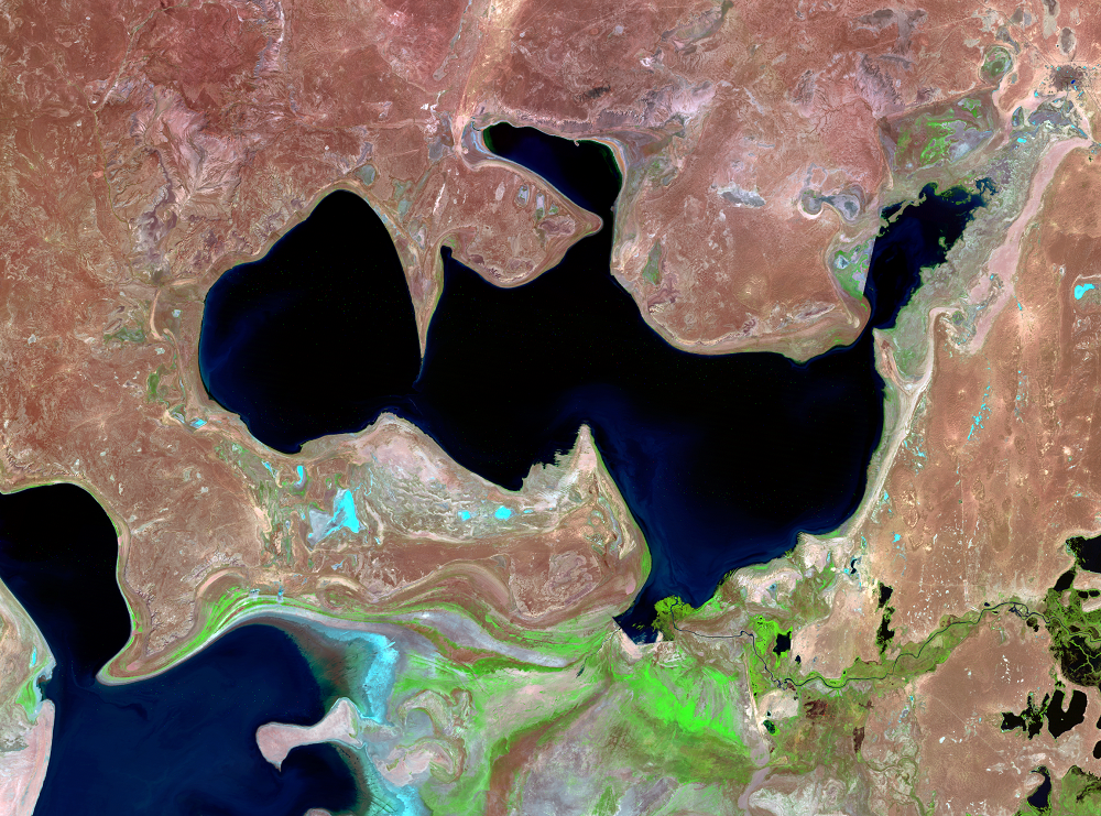 Sep. 18, 27; Oct. 27, 1998; Aug. 20, 1999, Landsat 5 (path/row 160–162/27–30) — North Aral Sea