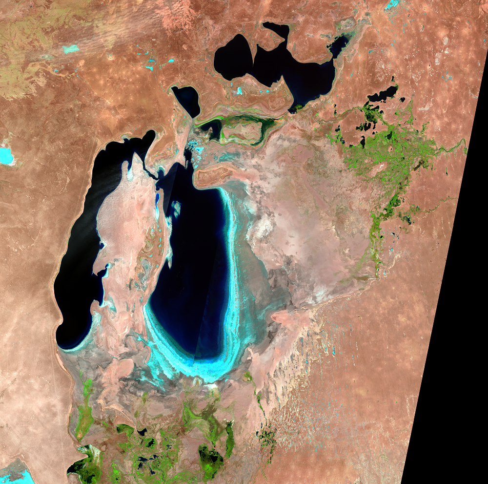 July, 31; Aug. 23, 30; Sep. 1, 2006, Landsat 5 (path/row 160–162/27–30) —  Aral Sea