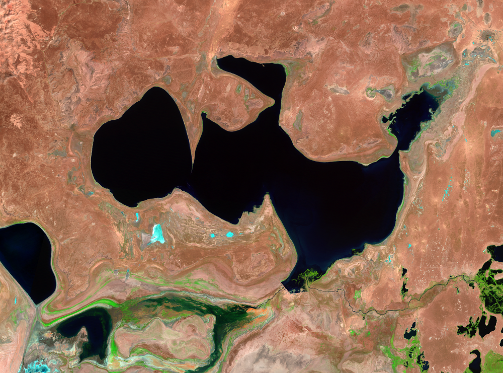 July, 31; Aug. 23, 30; Sep. 1, 2006, Landsat 5 (path/row 160–162/27–30) — North Aral Sea