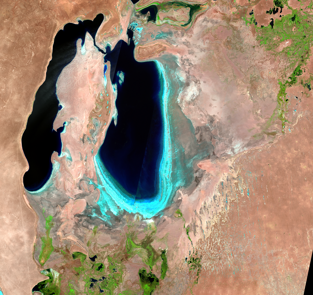 July, 31; Aug. 23, 30; Sep. 1, 2006, Landsat 5 (path/row 160–162/27–30) — South Aral Sea
