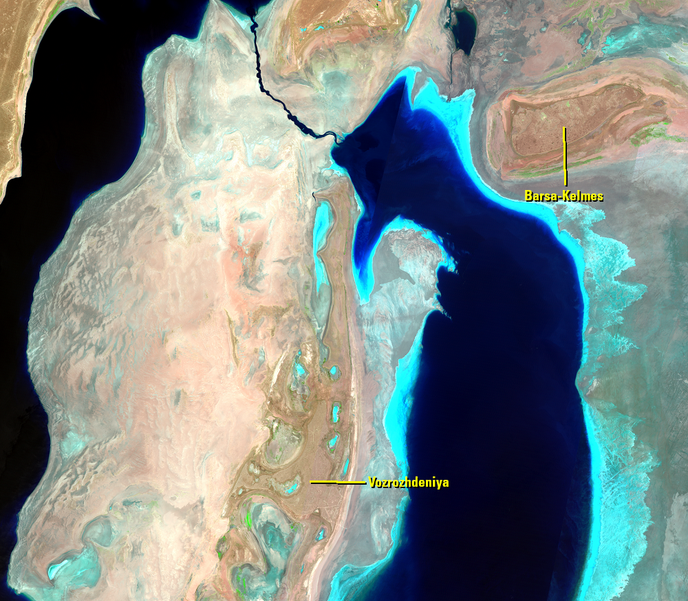 July, 24; Aug. 2, 11, 2010, Landsat 5 (path/row 160–162/27–30) — former islands, Aral Sea