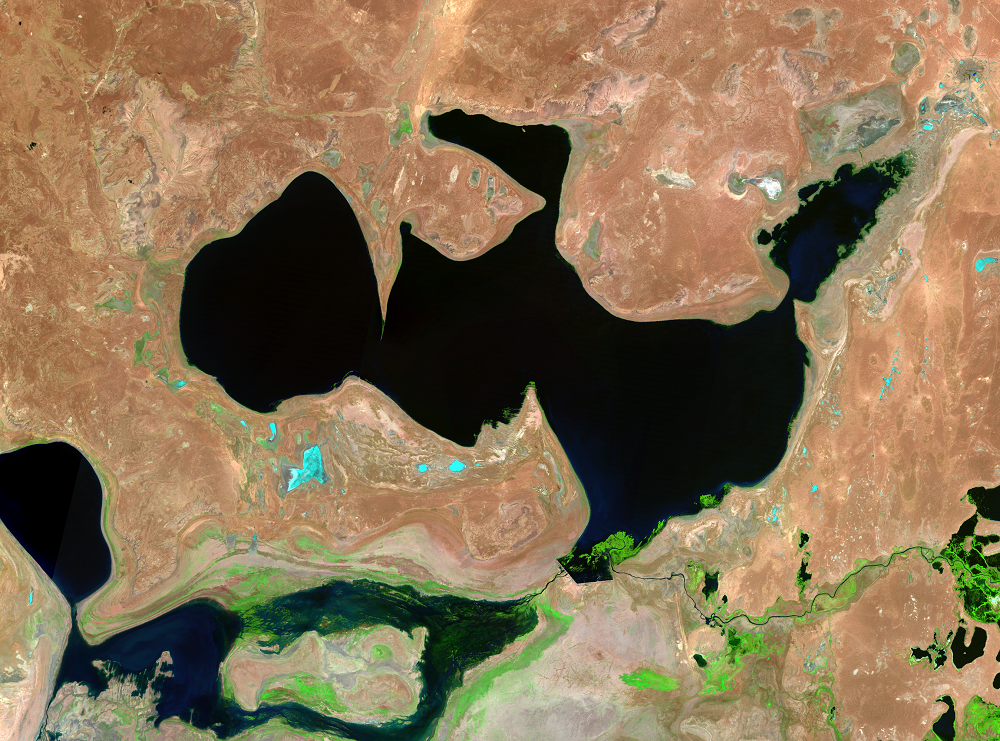 July, 24; Aug. 2, 11, 2010, Landsat 5 (path/row 160–162/27–30) — North Aral Sea