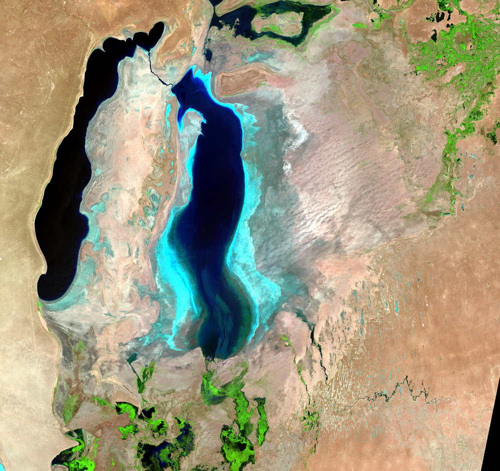 July, 24; Aug. 2, 11, 2010, Landsat 5 (path/row 160–162/27–30) — South Aral Sea