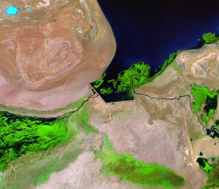 June 14, 16, 23; July 16, 2013, Landsat 8 (path/row 160–162/27–30) — Kok-Aral Dam