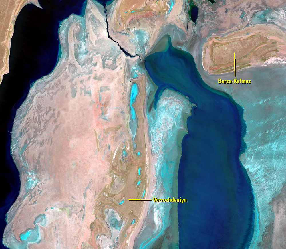 June 14, 16, 23; July 16, 2013, Landsat 8 (path/row 160–162/27–30) — former islands, Aral Sea