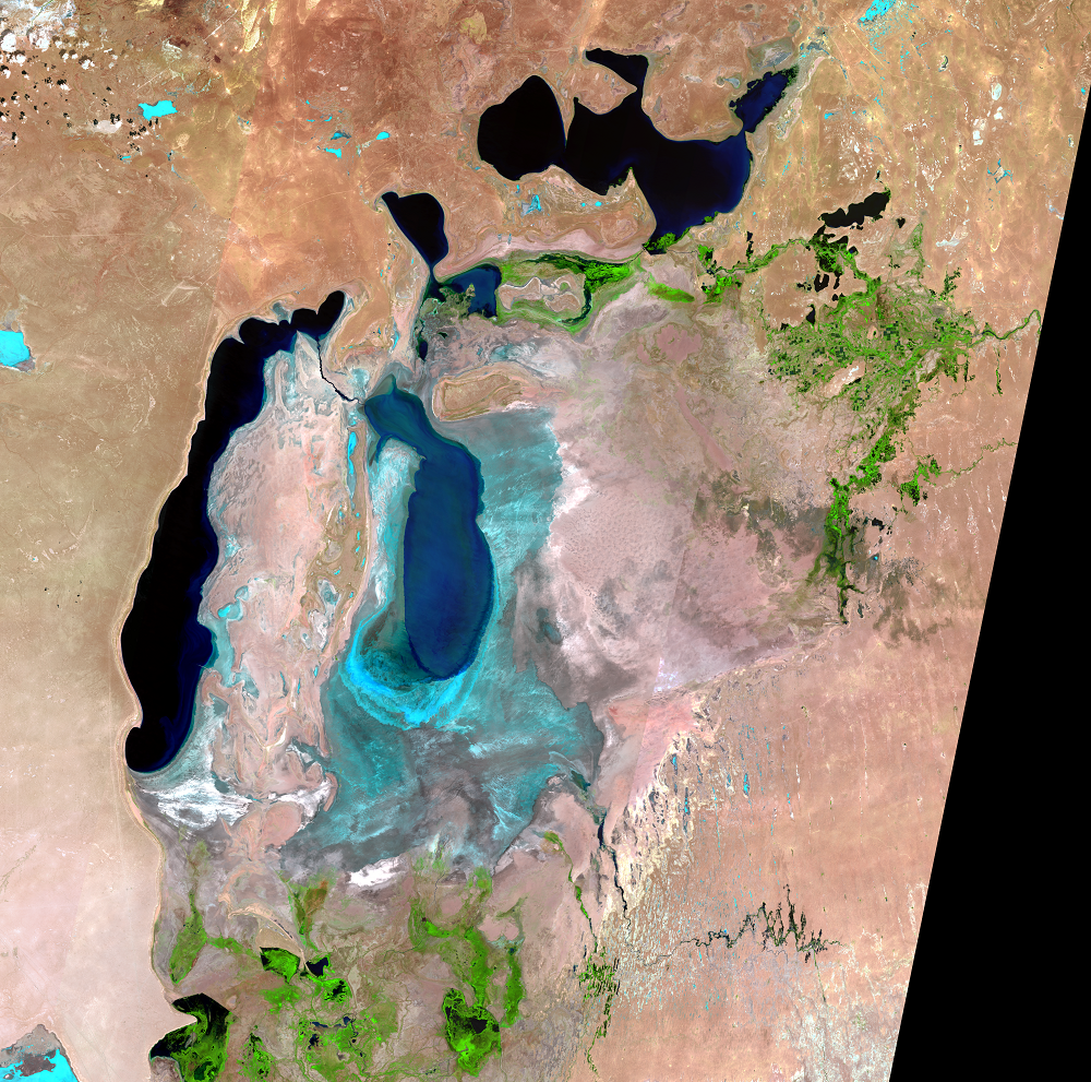 June 14, 16, 23; July 16, 2013, Landsat 8 (path/row 160–162/27–30) — Aral Sea
