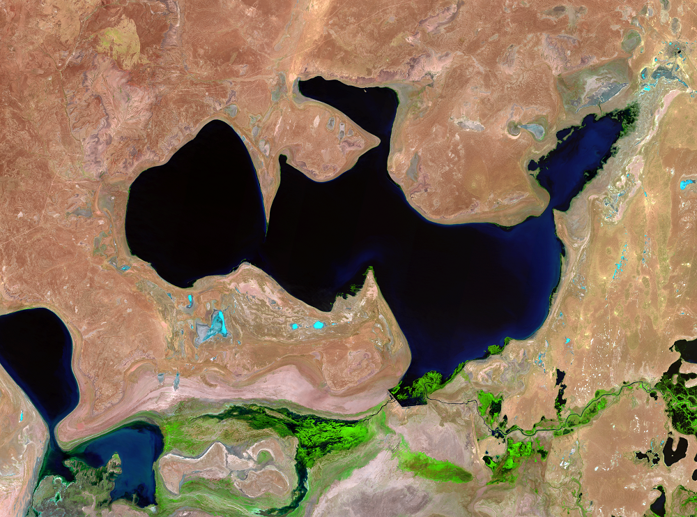 June 14, 16, 23; July 16, 2013, Landsat 8 (path/row 160–162/27–30) — North Aral Sea