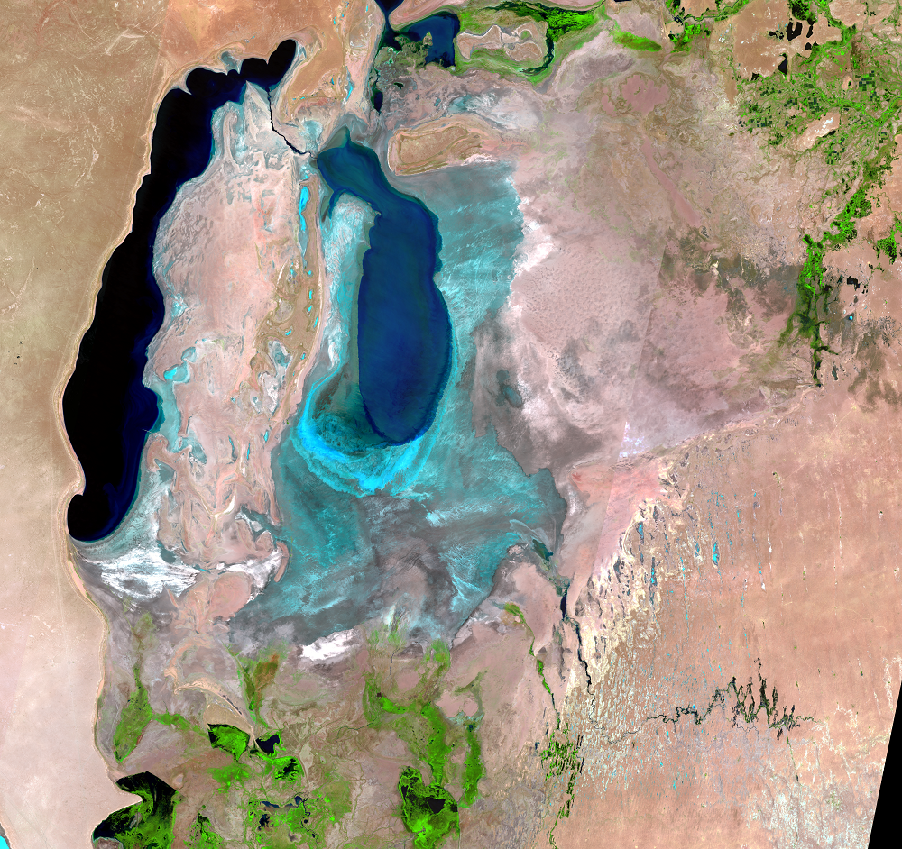 June 14, 16, 23; July 16, 2013, Landsat 8 (path/row 160–162/27–30) — South Aral Sea