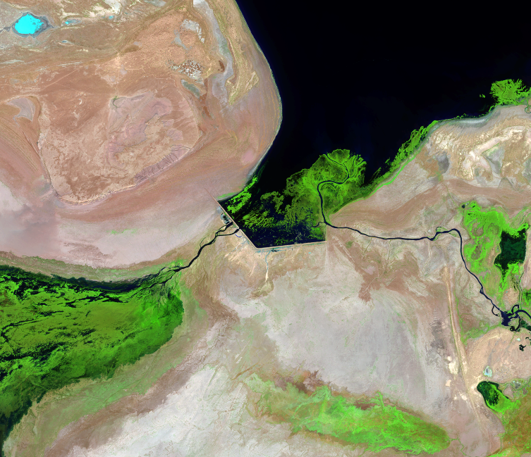 Aug. 20, 29; Sep. 7, 2014, Landsat 8 (path/row 160–162/27–30) — Kok-Aral Dam