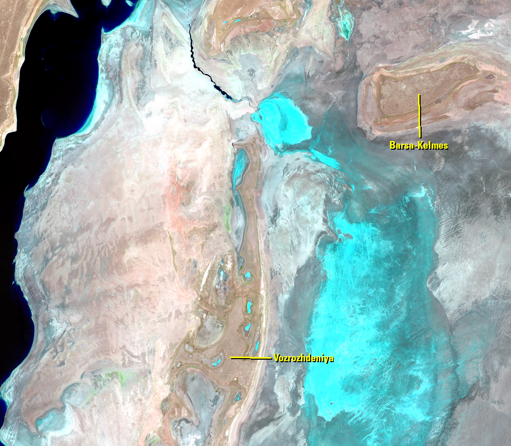 Aug. 20, 29; Sep. 7, 2014, Landsat 8 (path/row 160–162/27–30) — former islands, Aral Sea