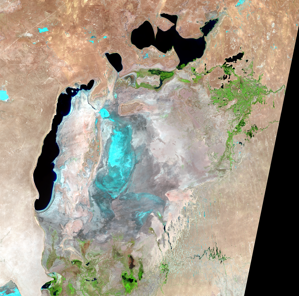 Aug. 20, 29; Sep. 7, 2014, Landsat 8 (path/row 160–162/27–30) — Aral Sea