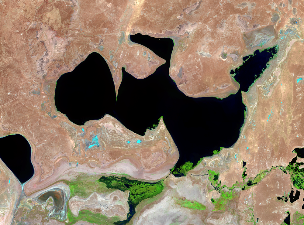 Aug. 20, 29; Sep. 7, 2014, Landsat 8 (path/row 160–162/27–30) — North Aral Sea