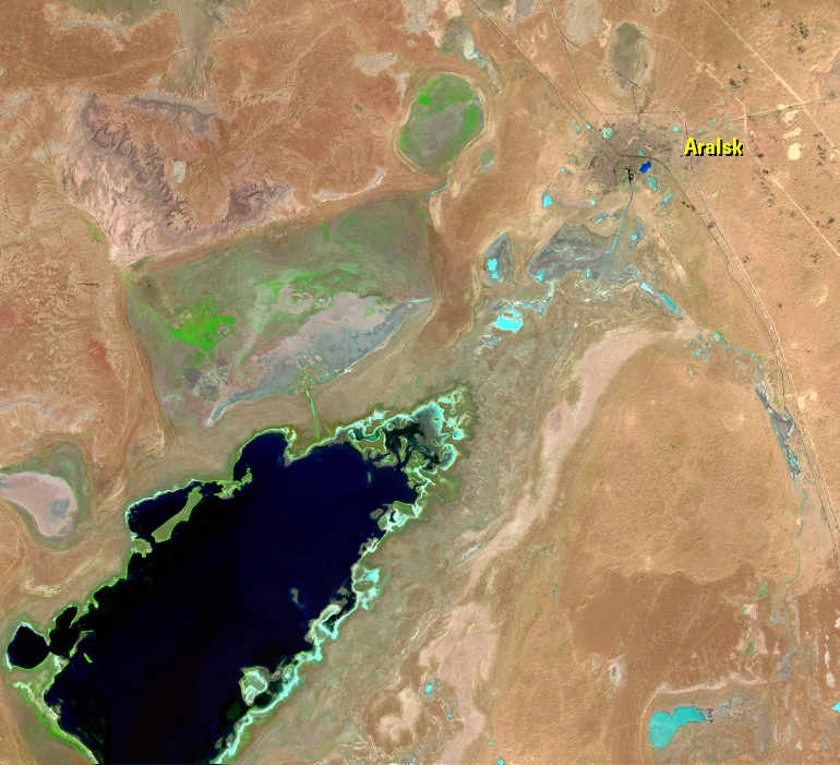 Aug. 16, 23; Sep. 10, 2015, Landsat 8 (path/row 160–162/27–30) — Aralsk, Kazakhstan