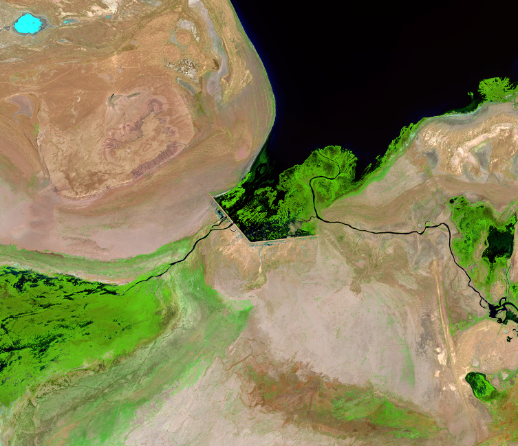 Aug. 16, 23; Sep. 10, 2015, Landsat 8 (path/row 160–162/27–30) — Kok-Aral Dam