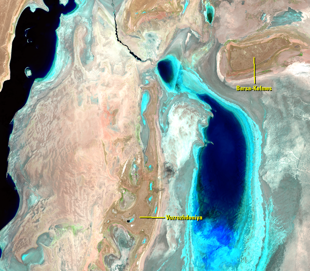 Aug. 16, 23; Sep. 10, 2015, Landsat 8 (path/row 160–162/27–30) — former islands, Aral Sea