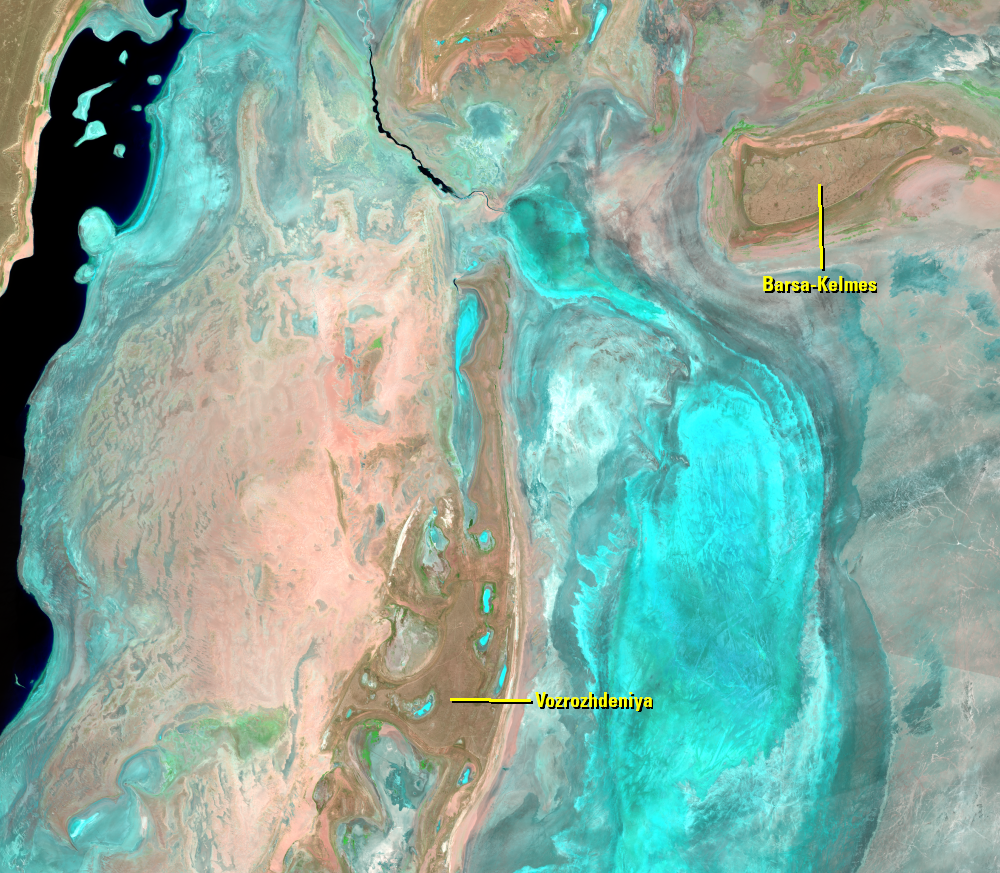 Aug. 18, 20, 27, 2019, Landsat 8 (path/row 160–162/27–30) — former islands, Aral Sea