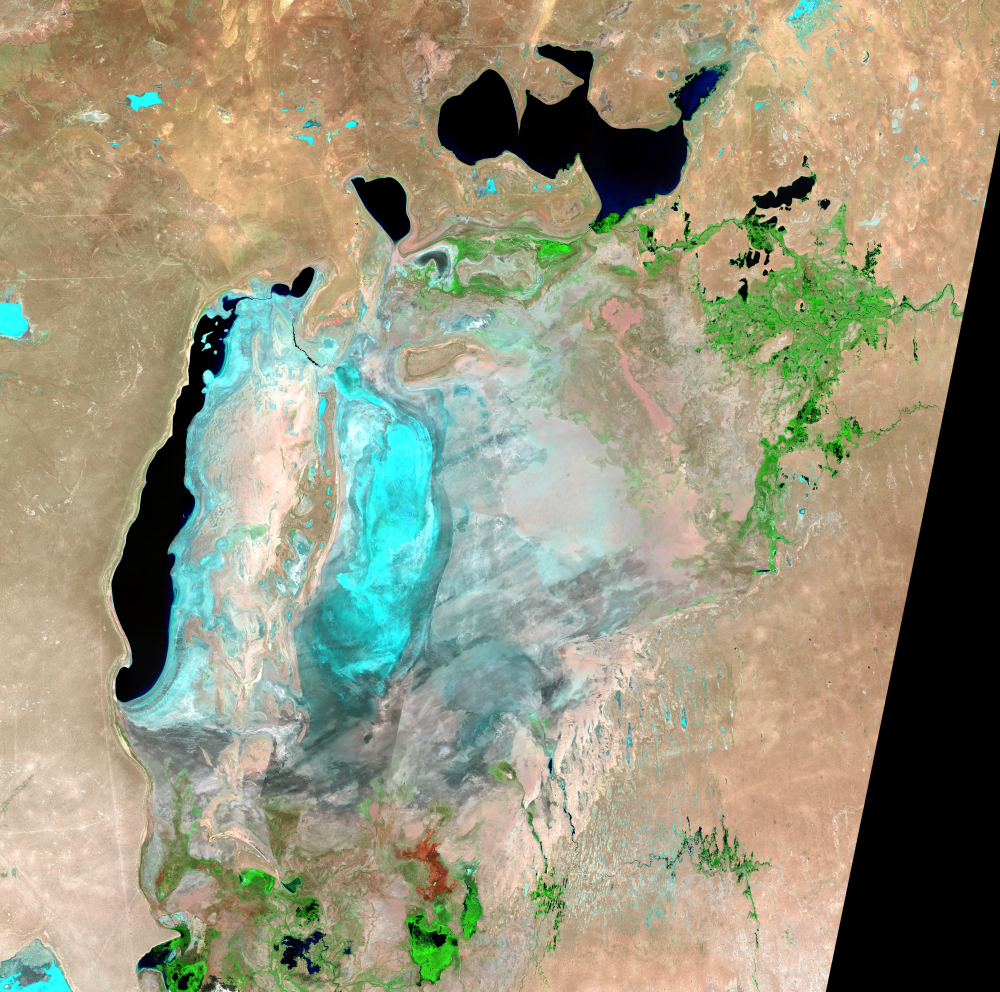 Aug. 18, 20, 27, 2019, Landsat 8 (path/row 160–162/27–30) — Aral Sea