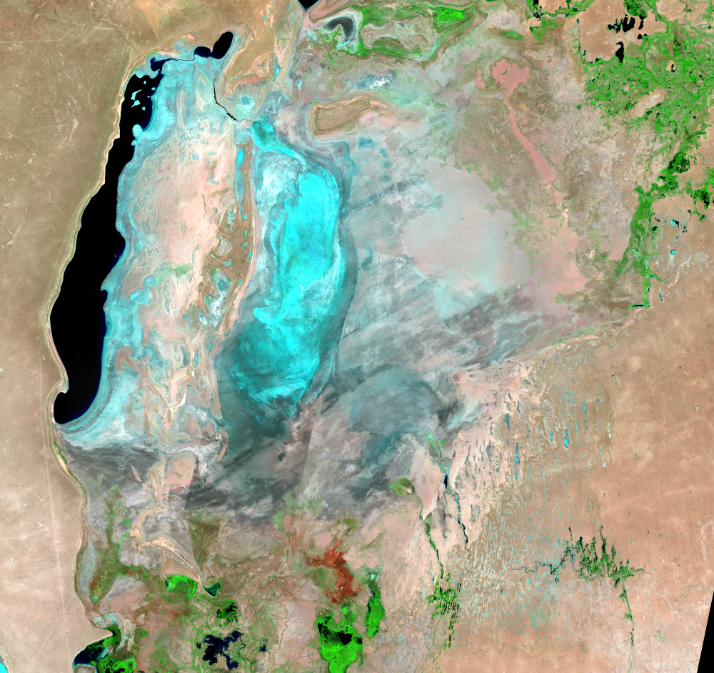 Aug. 18, 20, 27, 2019, Landsat 8 (path/row 160–162/27–30) — South Aral Sea