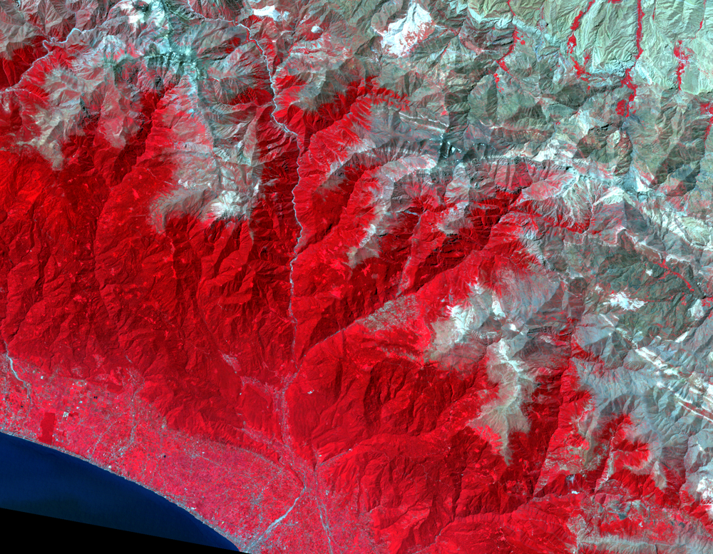 Aug. 1, 2011, Landsat 5 (path/row 165/35) — Elburz Mountains, Iran; north down, image rotated so it is lit from above