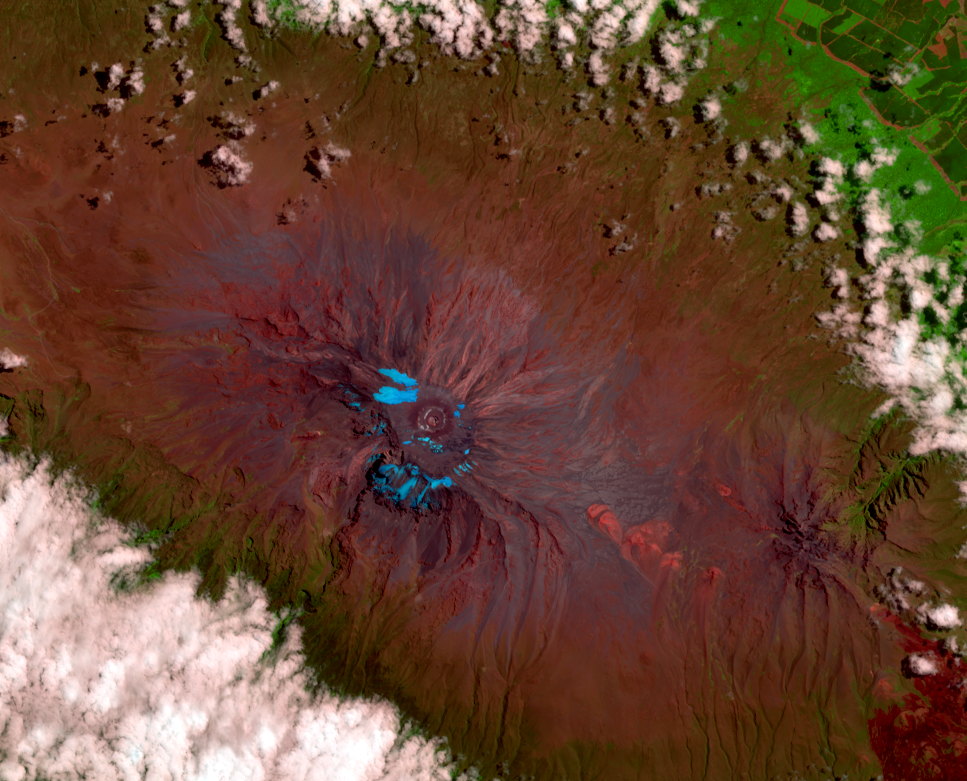 Aug. 27, 2013, Landsat 8 (path/row 168/62) — Glaciers on top of Mount Kilimanjaro, Tanzania