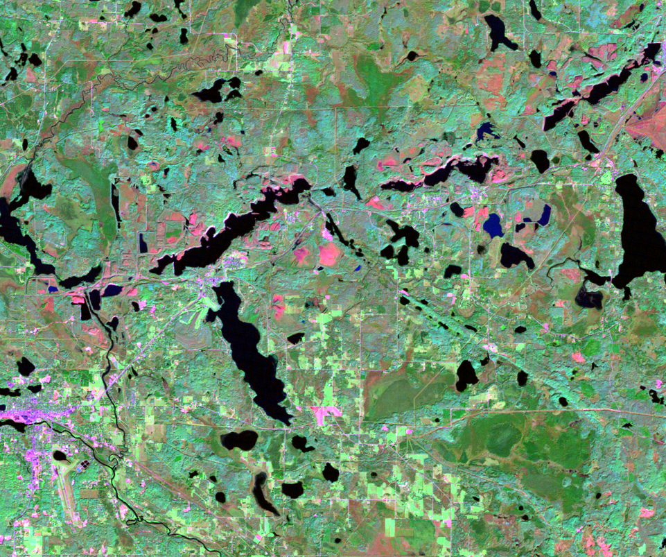 Oct. 1, 2001, Landsat 5 (path/row 27/27) — rising pit lakes, Mesabi Range, Minnesota, USA