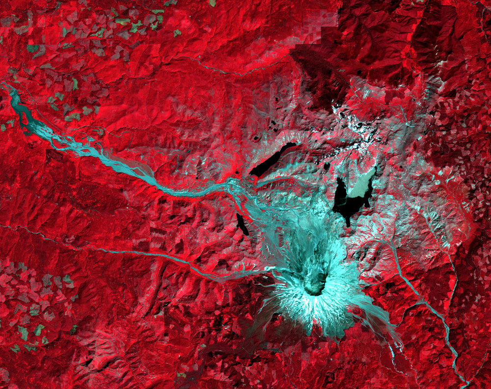 Aug. 22, 1999, Landsat 7 (path/row 46/28) — Mount St. Helens close up