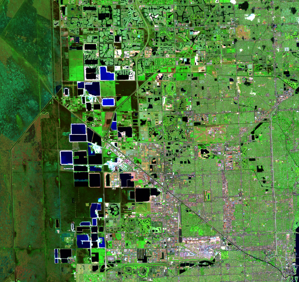 Nov. 9, 2002, Landsat 7 (path/row 15/42) — Limestone mining near Miami, Florida, USA