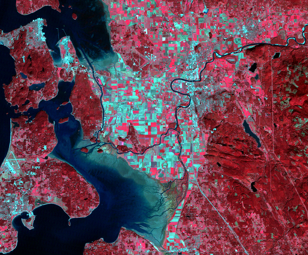 Mt. Vernon, Washington, USA, Landsat 5, bands 4,3,2 (color-infrared)