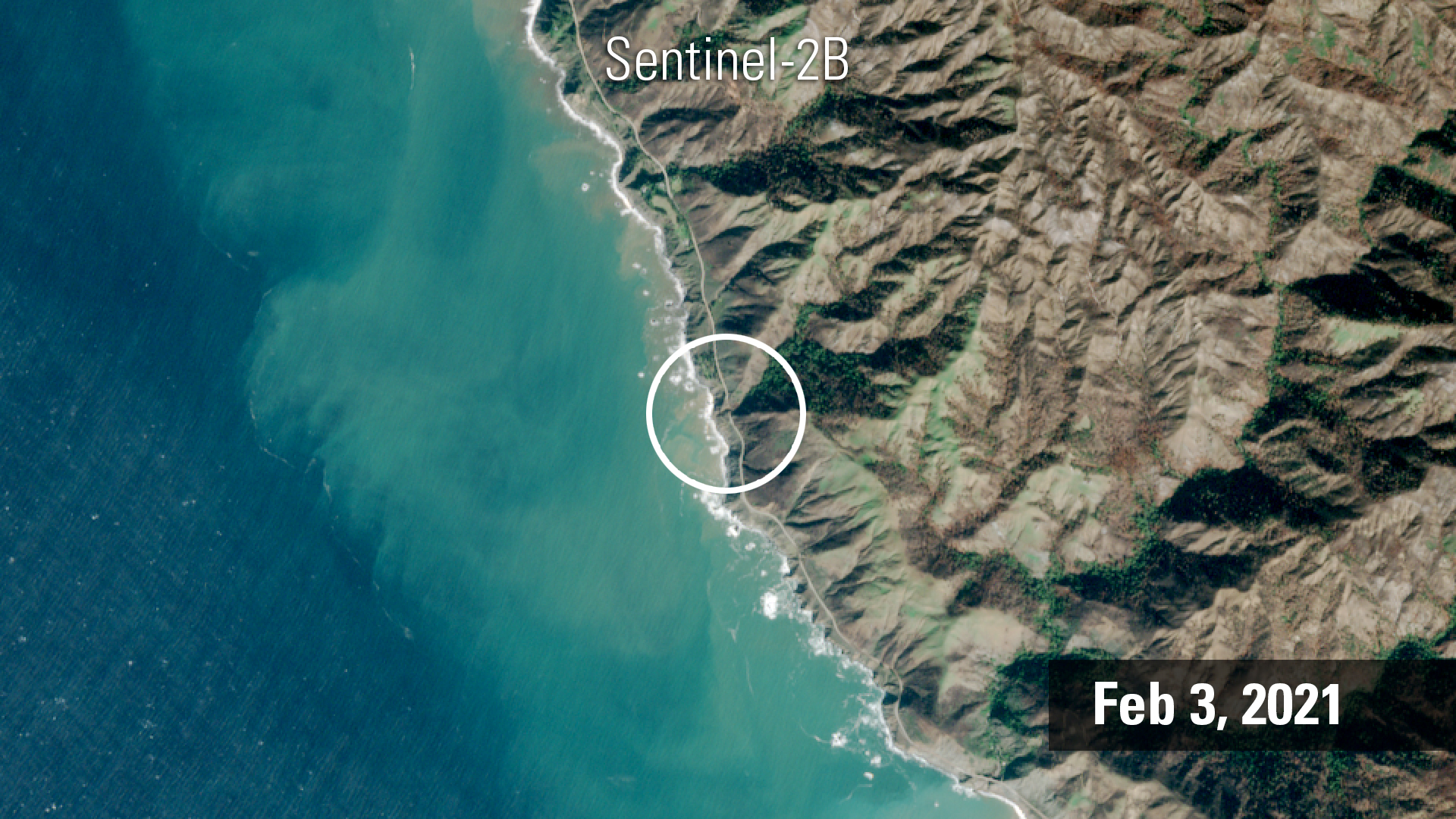 Color satellite image of Big Sur, CA in February 2020
