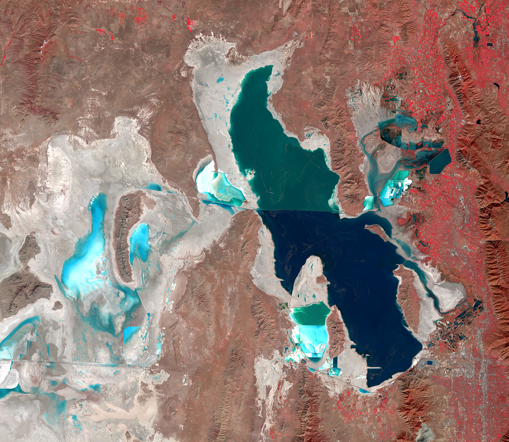 Oct. 7, 16, 2019, Landsat 8 (path/row 38,39/31,32) — Great Salt Lake, Utah, USA