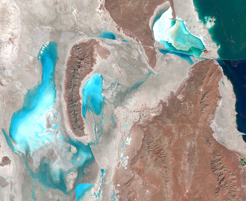 Oct. 7, 16, 2019, Landsat 8 (path/row 38,39/31,32) — Evaporation basin, Great Salt Lake, Utah, USA