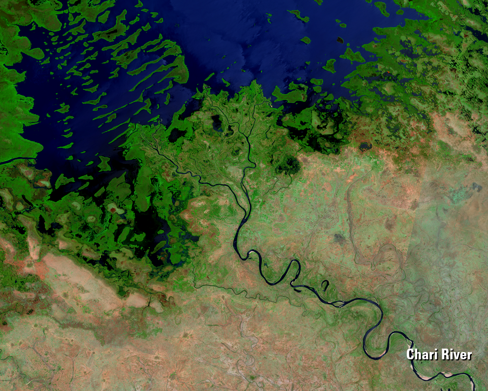 May 2021, Landsat 8 (path/row 184–186/50–52) — Chari River Delta, Lake Chad
